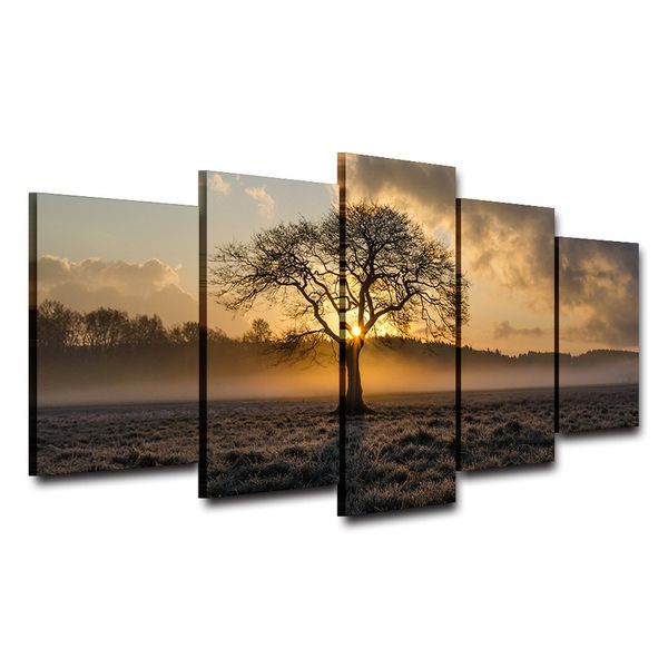 

canvas painting vintage wall art frame printed pictures 5 panel poster sunrise tree landscape p for living room decor no frame