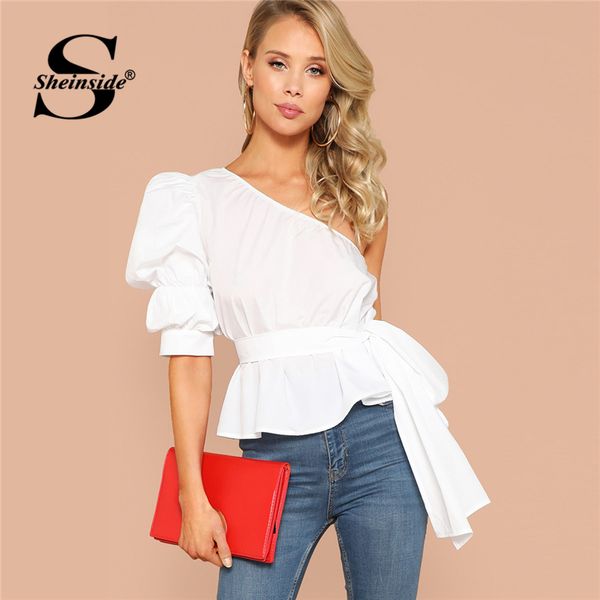 

sheinside one shoulder puff sleeve blouse asymmetric belted solid peplum 2019 white summer blouses elegant women