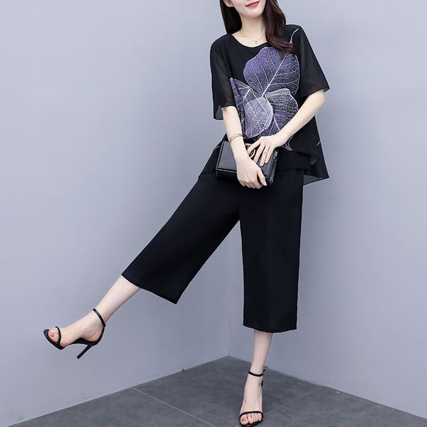 

лето печать плюс размер сыпучие с коротким рукавом шифон блузки и юбки комплекты для женщин l xl 2xl 3xl 4xl, White