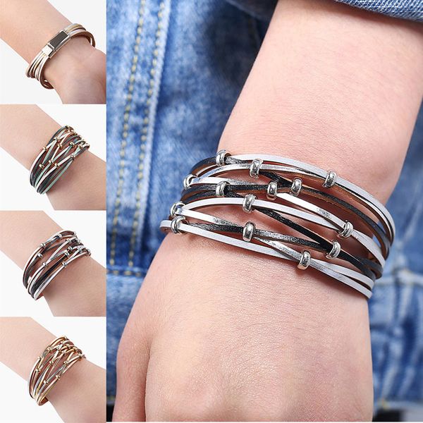 

cuff bangles copper multi-layer leather bracelet cuff bangle alloy magnetic jewelry pulseira feminina for women bijoux, White