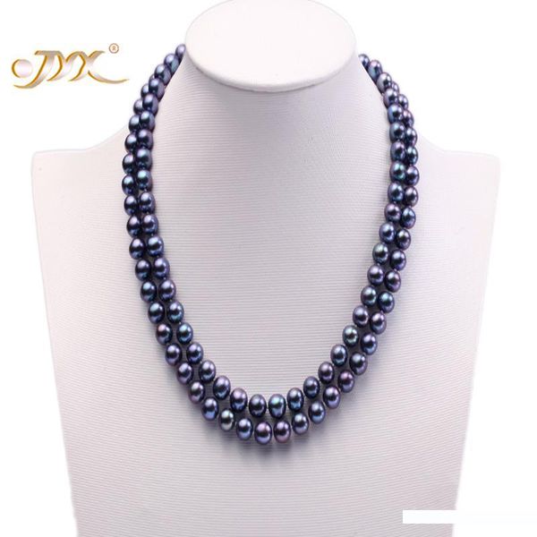 

jyx природный жемчуг ожерелье двухрядный 8мм темно-синий выращенный пресной воды жемчужное ожерелье 18, Silver