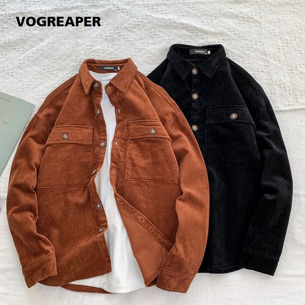 

autumn winter corduroy shirt men vintage casual long sleeve man shirt loose fashion streetwear harajuku male black shirts, White;black