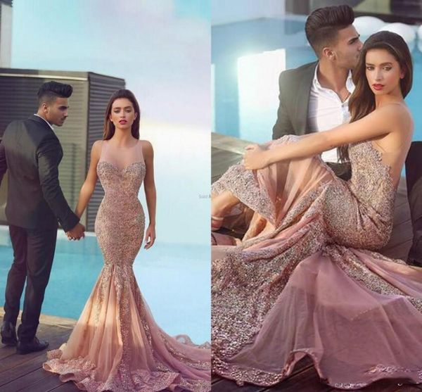 

2019 изысканный sheer шеи аппликация кружева длинные румяна розовый пром платья молния назад сексуальная мода топы платья специальный случай, Black