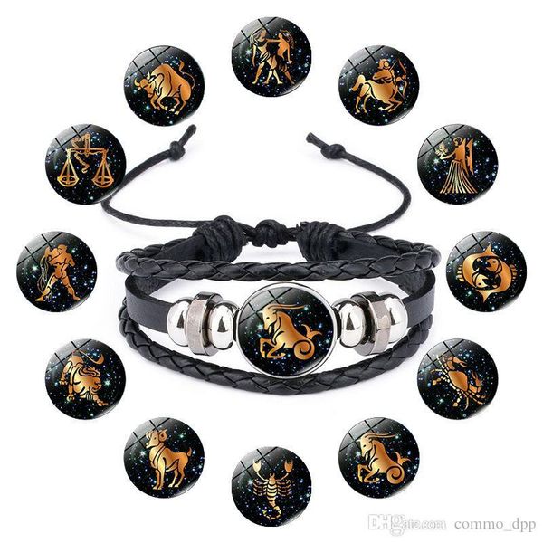 

12 zodiac sign snap buttons leather bracelets 18mm ginger horoscope charm adjustable bangle for women men fashion noosa jewelry in bulk, Golden;silver