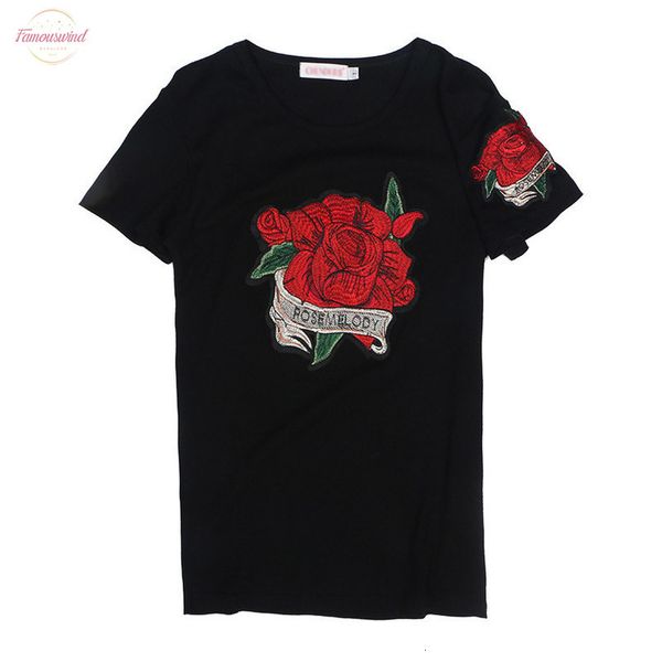 

rose embroidered t shirt woman 2020 sunmer new short sleeve pullovers pure women cotton round neck casual loose clothes c1045, White