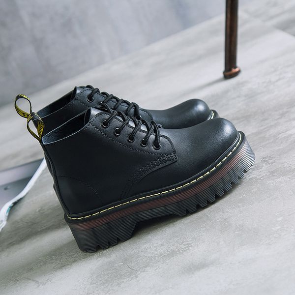 

thick heel short boots women genuine leather combat shoes chunky heel winter shoe cowskin motorcycle boots lace up platform boot zy735, Black