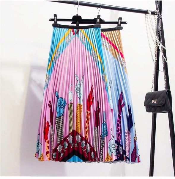 

2019 harajuku color patch cartoon print women summer a-line pleated skirt high waist women long skirt saias femme streetwear, Black