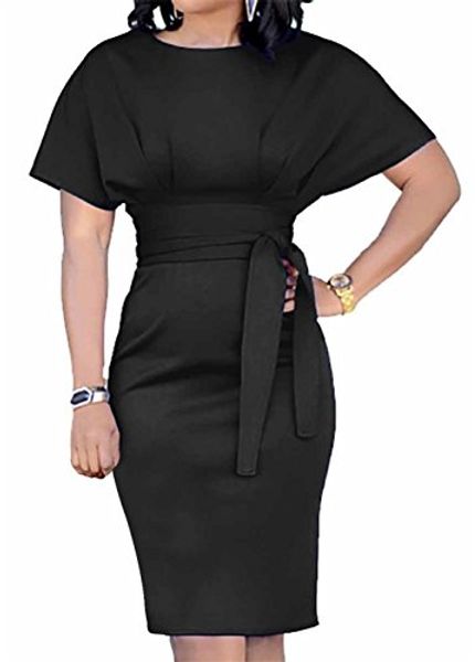 

shinfy women's elegant short sleeve busniess bodycon pencil dress belt, Black;gray