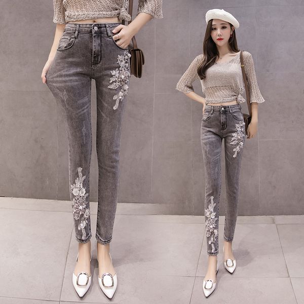 

skinny embroidered jeans woman autumn 2019 denim stretch women's jeans embroidery fashion slim for women, Blue