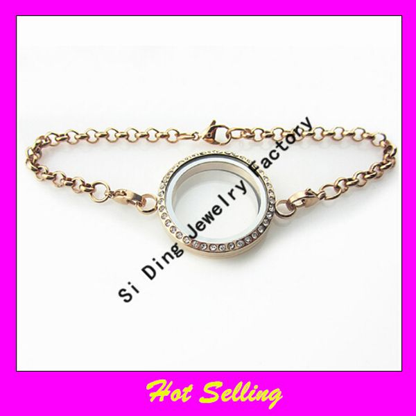

30mm stainless steel twist linking floating glass locket bracelet rose gold screw open with crystals locket, Black