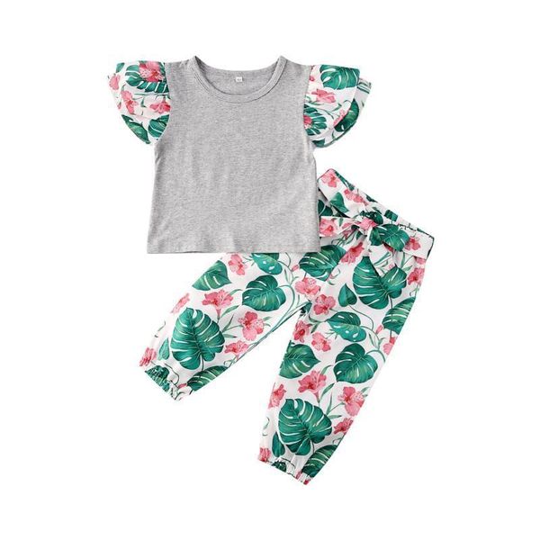 

3pcs toddler kids baby girls clothes sets floral print ruffles short sleeve t-shirt pants summer outfit tracksuit, White