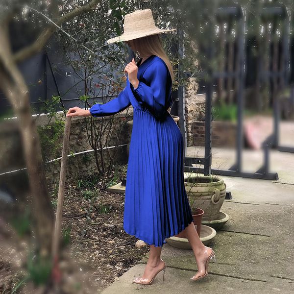 

womens autumn designer pleated dresses v neck long sleeve solid color female clothing fashion style casual apparel, Black;gray