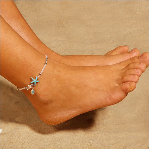 

europe and the united states retro anklet silver conch starfish beads anklet female beach sea hawaii summer jewelry, Red;blue