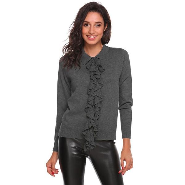 

women casual doll collar long sleeve solid ruffle sweater cardigan, White