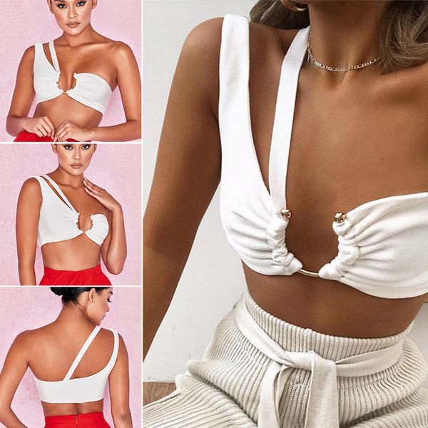

women irregular crop tube summer soft non slip fashion metal decorative comfortable polyester white solid one shoulder