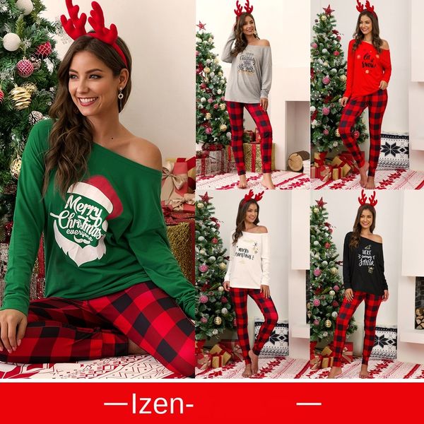 

женская дизайнерская футболка повседневные рождественские клетчатые брюки печатный топ набор, White