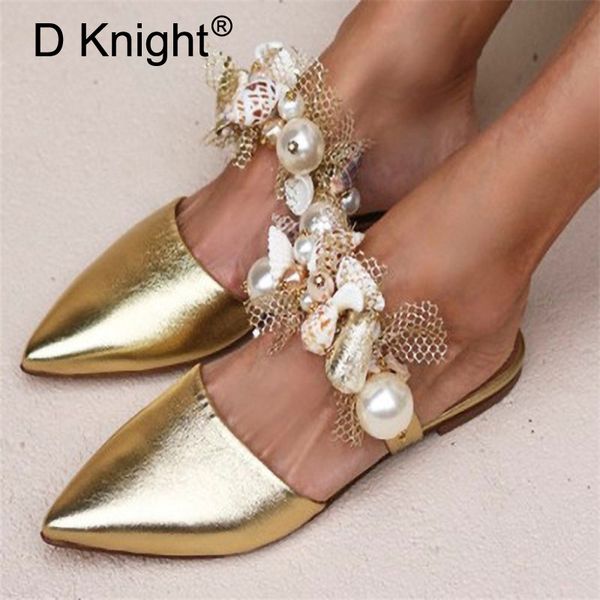

new pearl pointed toe women slippers shiny leather flat sandals shoes woman summer 2020 lady mules slides shoes large size 34-43, Black
