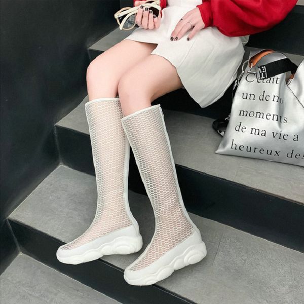 

zawsthia 2020 summer air mesh net hallow cut women's boots white black platform wedges casual sports boots woman knee high