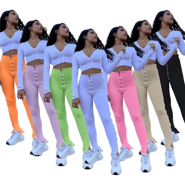 

color skinney zipper high waist casual split flare sweatpants female clothing 2020 womens designer leggings fashion solid, Black