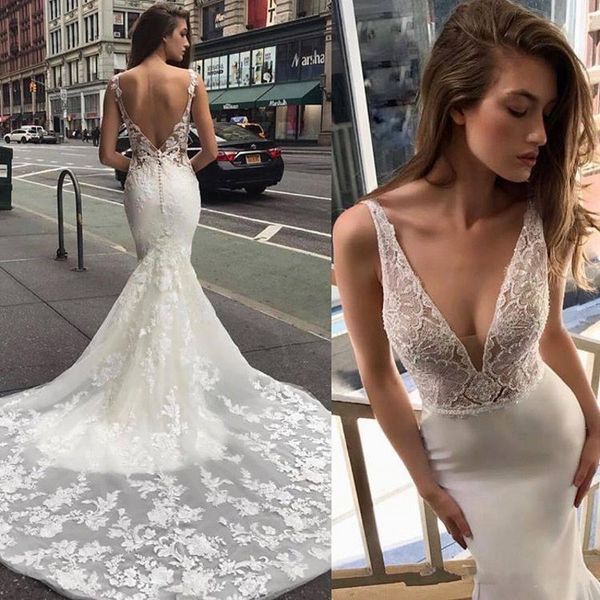 

2019 open back mermaid wedding dresses deep v neck appliques sweep train bridal gowns formal robe de soriee, White