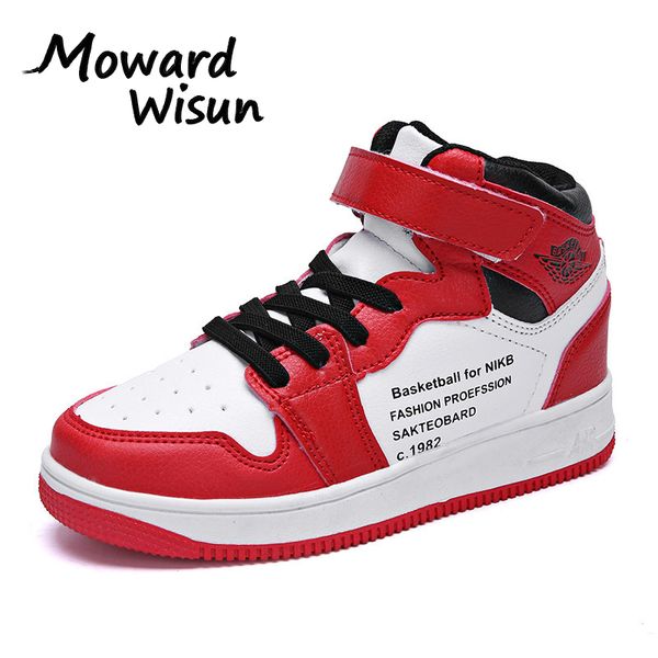 

28-40 children sport shoes for boys girls casual shoes autumn high cut sneakers for kids boys anti-slippery flat sneakers, Black;red