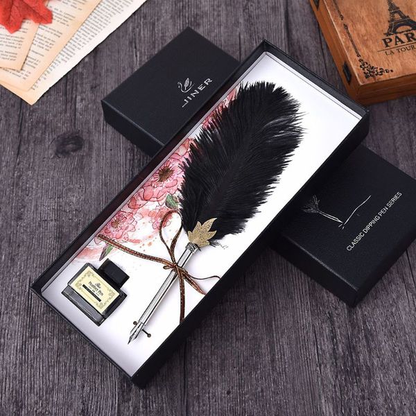 

vintage handmade ostrich feather quill dip fountain pen with ink set english calligraphy writing stationery wedding gift