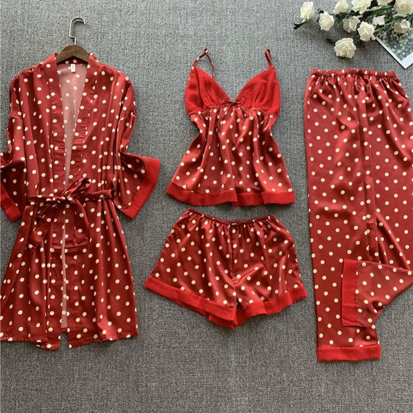 

qweek silk pajama set floral print 4 pieces nightwear pyjama lounge wear night suits ladies pijama feminino with chest pad, Black;red