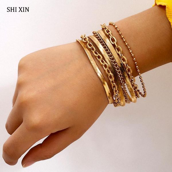 

shixin 7 pcs/set charms chain bracelets for women hip hop gold/silver color hand chain jewelry fashion bracelets 2020 femme girl, Black