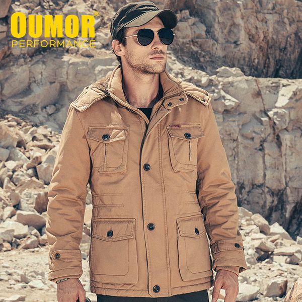 

oumor men autumn winter long casual fleece warm jacket coat trench men mutil pockets hooded outwear jackets parkas, Black;brown