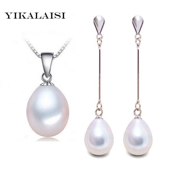 

yikalaisi 925 sterling silver natural freshwater pearl pendant earrings fine jewelry sets for women 8-9-10mm pearl 4 colour, Black