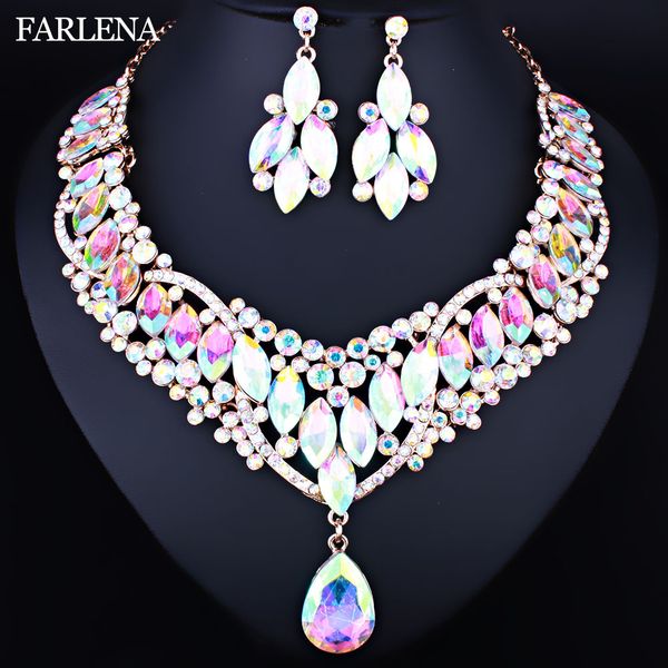 

luxury moroccan style clear crystal rhinestones necklace earrings set women's wedding jewelry set, Silver