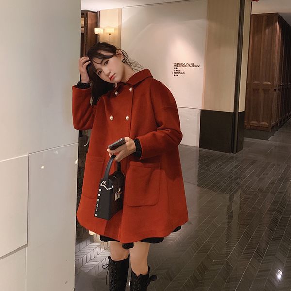 

mishow women winter festival style woolen coat causal double breasted straight loose red jacket mx19d9723, Black