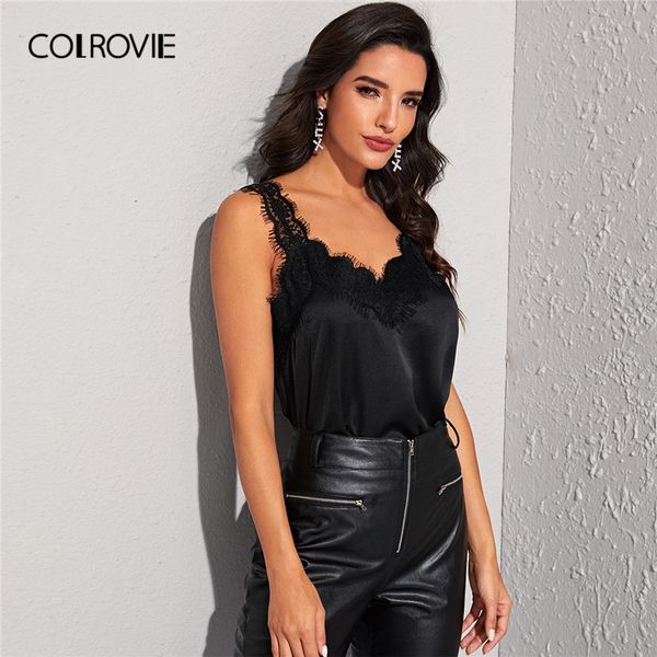 

women's tanks & camis colrovie black guipure lace panel cami women satin elegant clothing 2021 summer spaghetti strap casual vest ladie, White