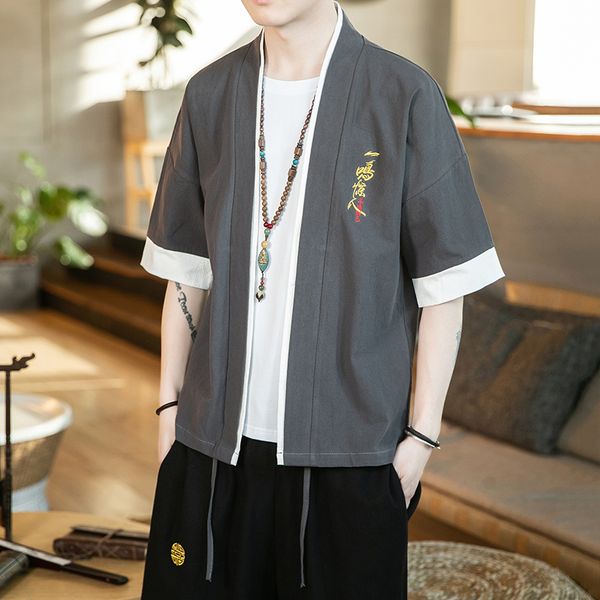 

traditional chinese style short sleeve kimono shirts men streetwear japan style summer linen shirt man vintage clothing xxxxxl, White;black