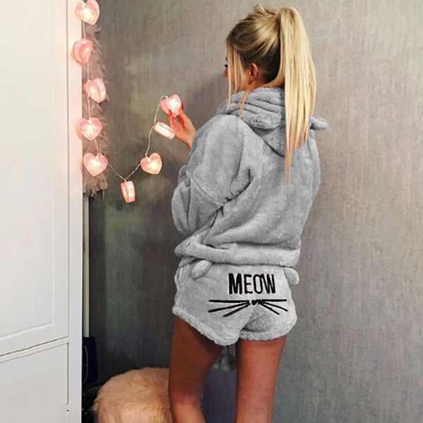 

polyester autumn women 2pcs pajama sets long sleeve cartoon animal hoodies coral velvet shorts womens suit winter fashion sleepwear, Black;red