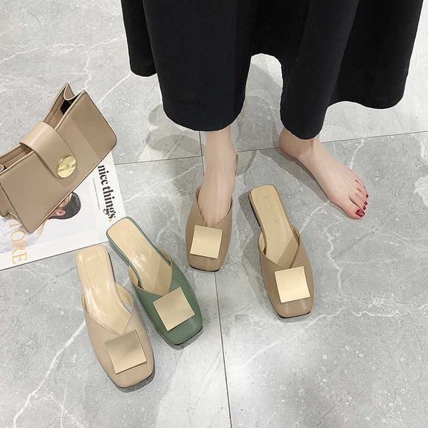 

shoes women cover toe woman's slippers rivet luxury slides low loafers soft 2020 designer rubber fashion spring pu hoof heels, Black