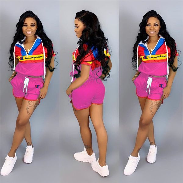 

women champions patchwork color tracksuit short sleeve mandarin collar zipper hoodies t shirt shorts 2pcs/set outfit jogger sportswear a436, White