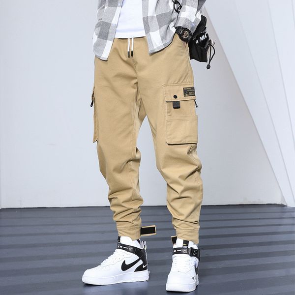 

casual men's cargo pants loose hip hop drawstring elastic waist trousers camourflage big multi-pockets sweatpants joggers pants, Black