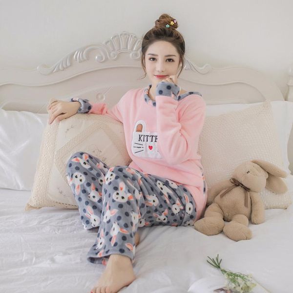 

jinuo new arrival casual women winter flannel pajama suit young ladies sweet cartoon cat head lovely soft home sleepwear, Blue;gray