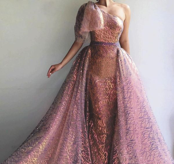 

one shoulder mermaid prom dresses 2020 colorful detachable train short sleeve arabic formal party evening gowns vestido de gala, Black