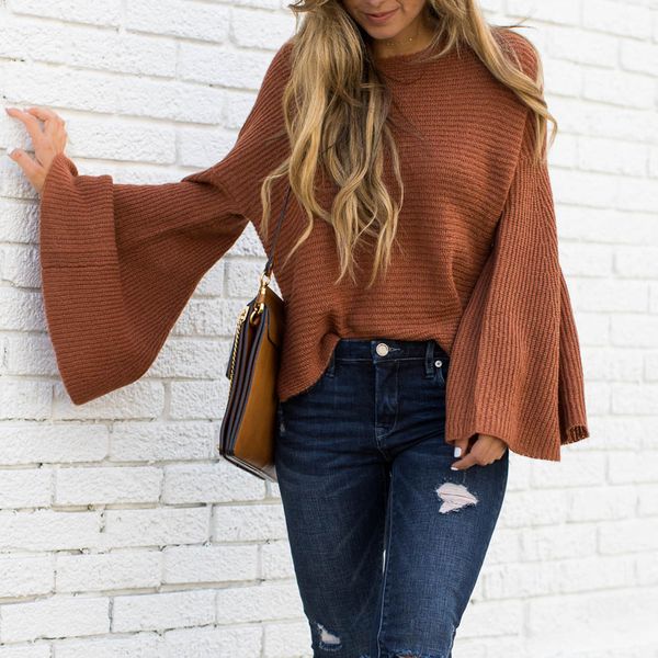 

fashion slim femme elasticity pullovers womens plus size long sleeve fashion knitting flare sleeve sweater blouse #30, White;black
