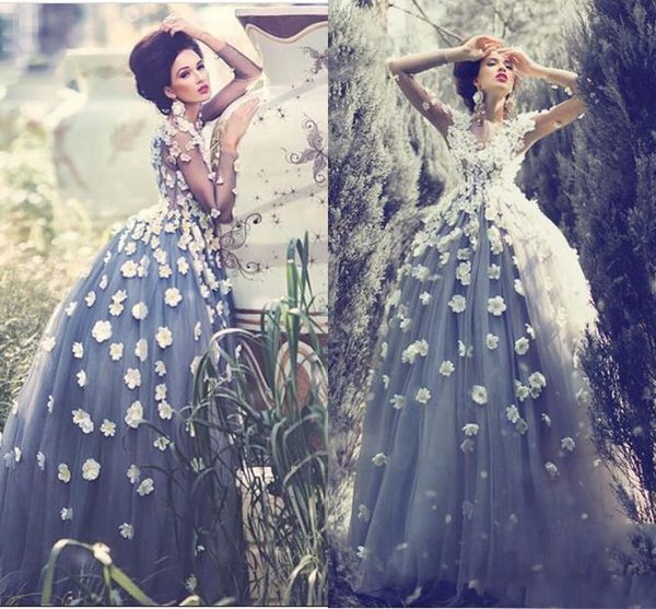 

Cinderella Dust Grey Arabic Long Sleeve Ball Gown Prom Dresses 2019 3D Flower Appliqued Charming Custom Made Quinceanera Ball Evening Gowns