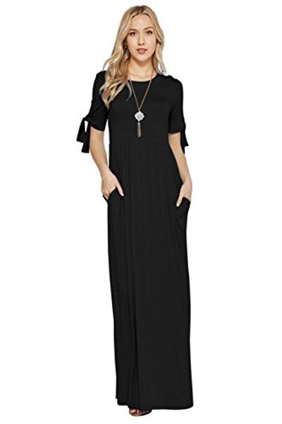 

maxi dresses women tie sleeve solid lightweight long rayon spandex w/pocket, Black;gray