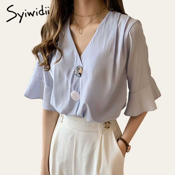 

ladies v-neck flare sleeve button solid chiffon and blouse women summer workwear half sleeve elegant blouses plus size -4xl, White