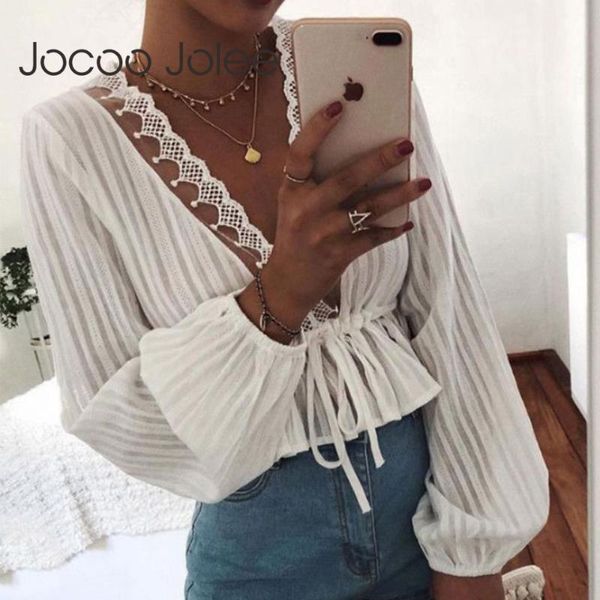 

r deep v neck loose cropped blouse elegant white striped tie up bow shirt lantern sleeve casual r