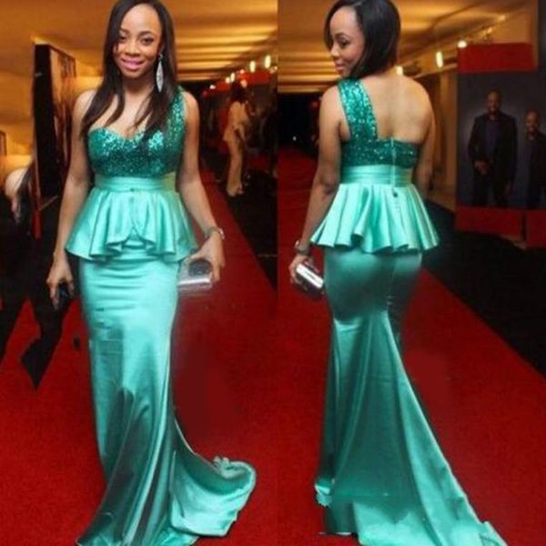 

modest one shoulder sequins mermaid prom dresses satin 2020 peplum african formal party plus size evening gowns guest wear robe de soiree, Black