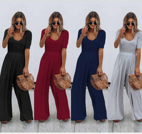 

Trendy women clothe women olid jump uit loo e pant wide leg with big low neck hort leeve 2019 ummer trendy elling dhl