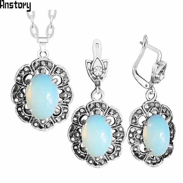 

oval transparent opal necklace earrings jewelry set rhinestone vintage look fashion jewelry for women ts429, Silver