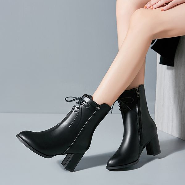 

2019 new women boots female shoes woman zipper lace up black leather winter boots square high heels mid calf plus size