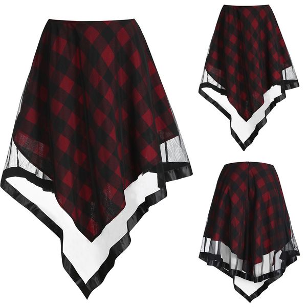 

feitong plus size women fashion wine color asymmetrical perspective lace splice plaid casual knee-length skirt harajuku #c, Black